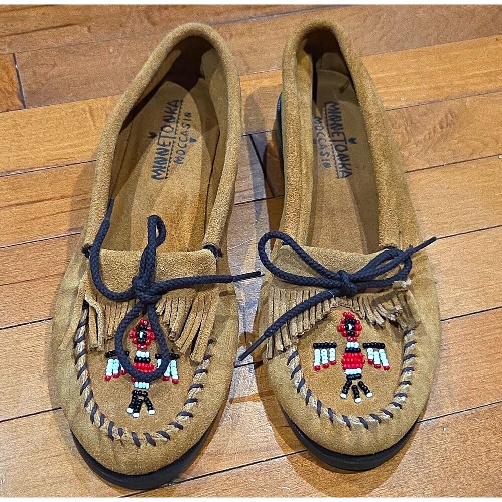 Minnetonka Women's Thunderbird Hardsole Moccasins Size 11 Brown Suede Beaded